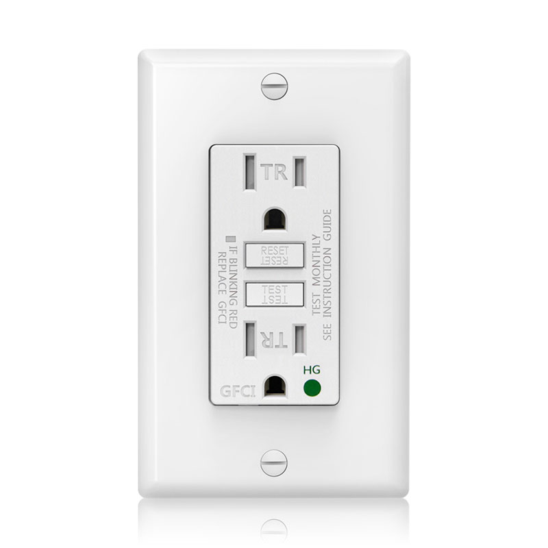 Front close up of GLS 15AHG GFCI Outlets with white wall plate