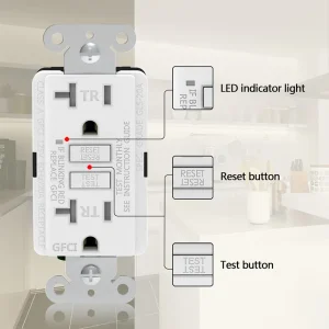 Faith Electric GFCI outlet diagram showing Test and Reset buttons with LED indicator