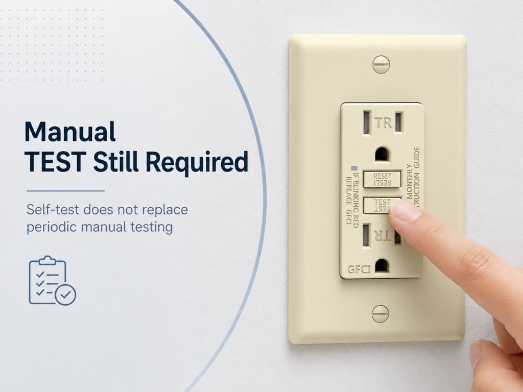 Manual TEST button on self-test GFCI outlet for periodic safety testing