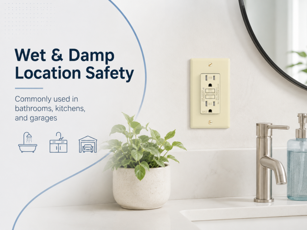 GFCI outlet installed near bathroom sink for wet and damp location safety