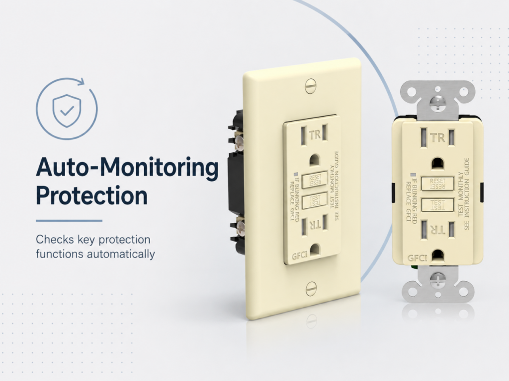 Self-test GFCI receptacles with auto-monitoring protection for electrical safety