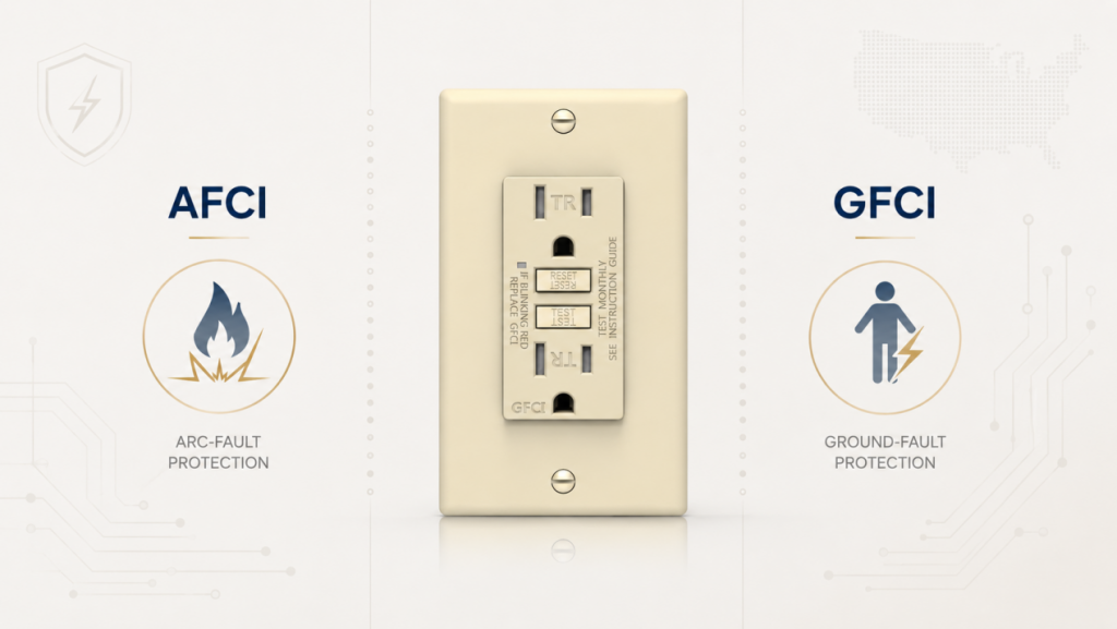 AFCI and GFCI dual-function receptacle showing arc-fault and ground-fault protection
