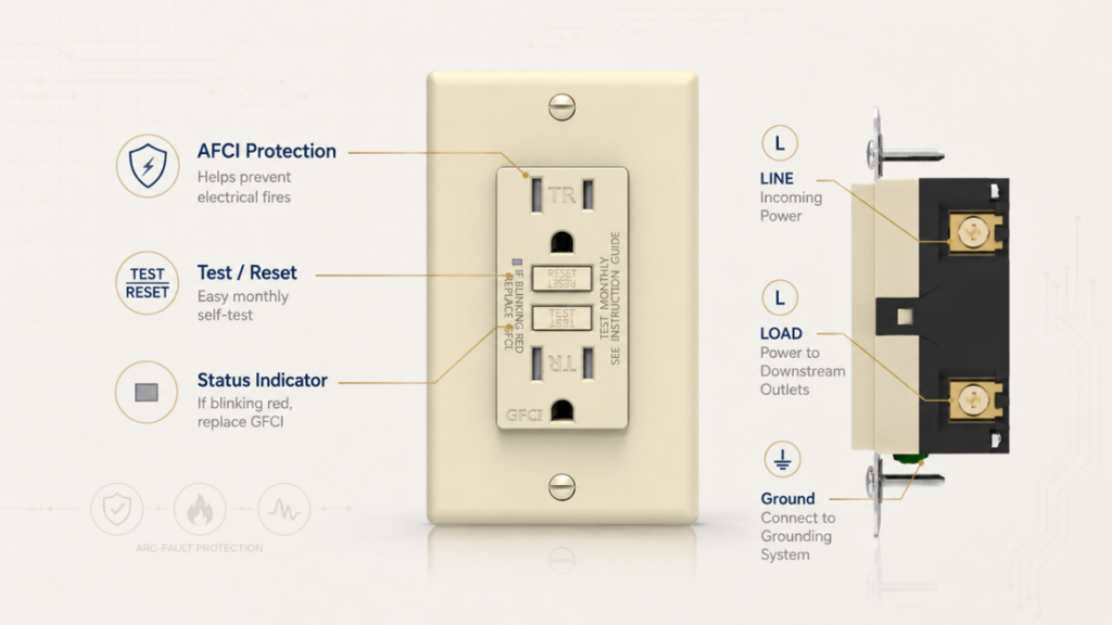 AFCI outlet wiring diagram with line, load, ground, test reset, and status indicator features