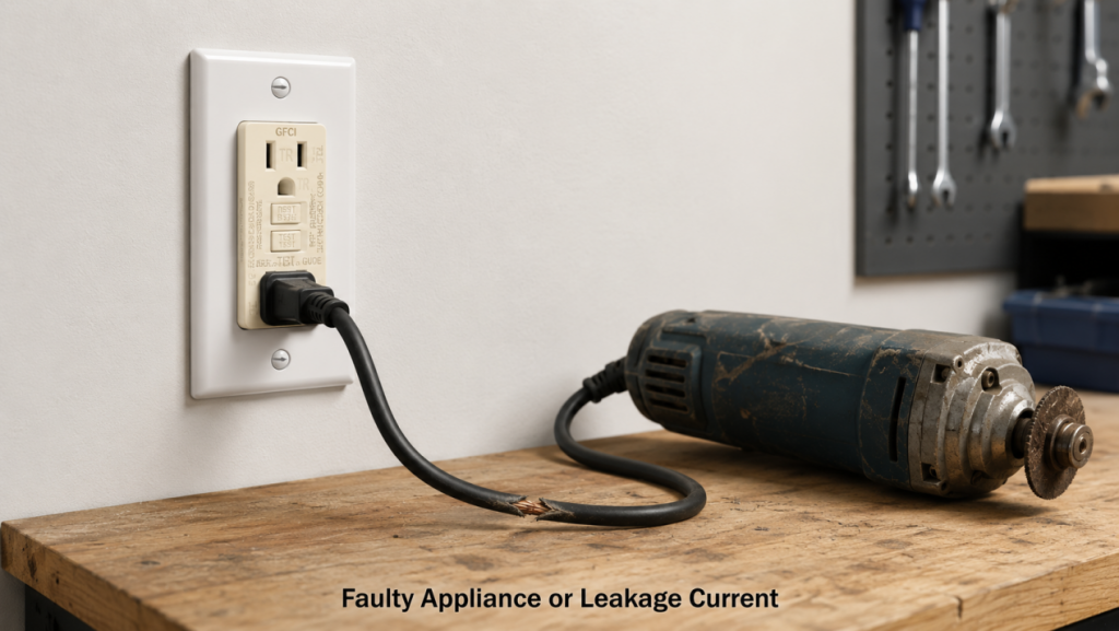GFCI outlet tripping due to faulty appliance or leakage current in a workshop