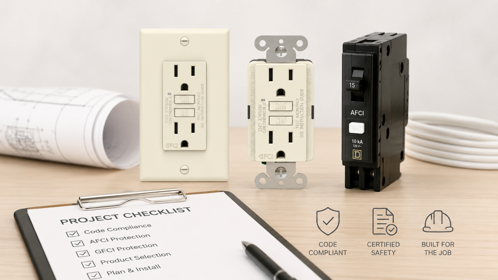 AFCI outlet and AFCI breaker product selection with code compliance and certification checklist