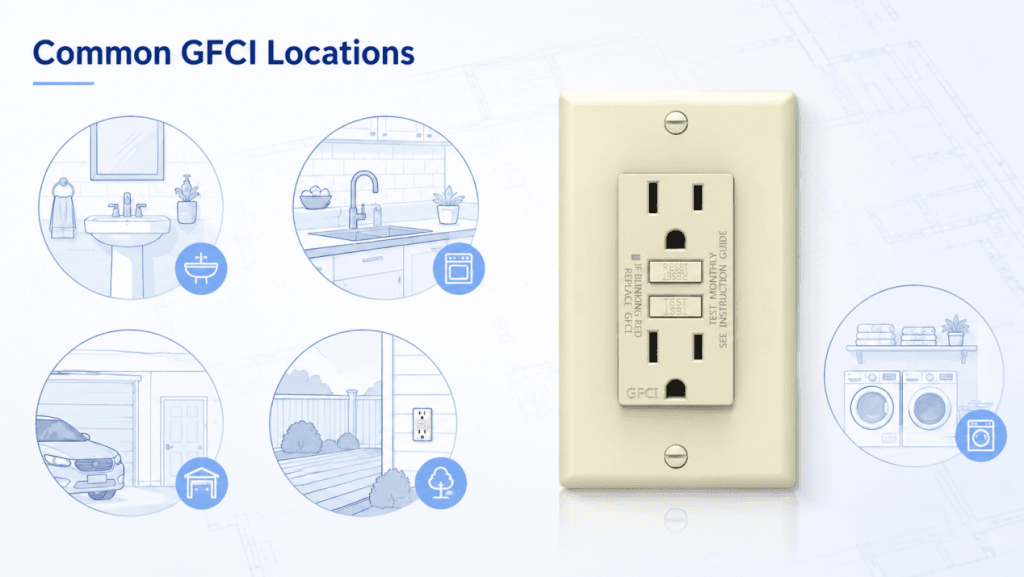 Common GFCI outlet locations in bathrooms, kitchens, garages, outdoor areas, and laundry rooms for U.S. construction projects