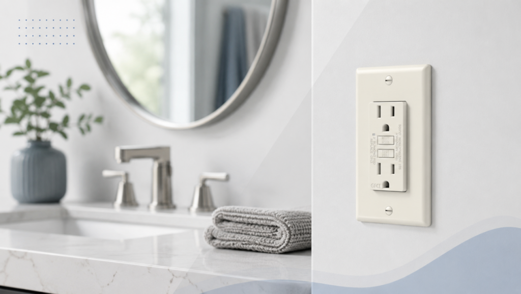 GFCI receptacle installed near bathroom sink for ground fault protection in wet areas