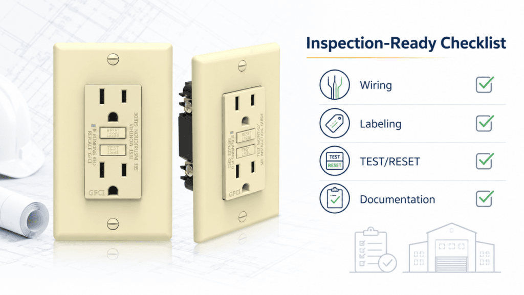 GFCI outlet inspection-ready checklist showing wiring, labeling, TEST RESET function, and documentation review