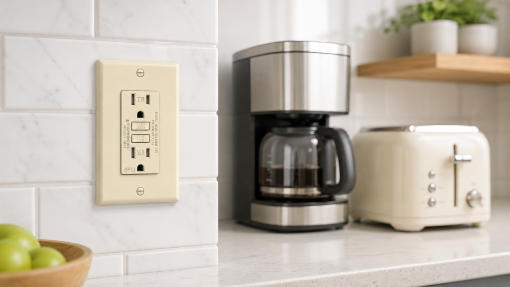 Kitchen countertop GFCI outlet installed near small kitchen appliances