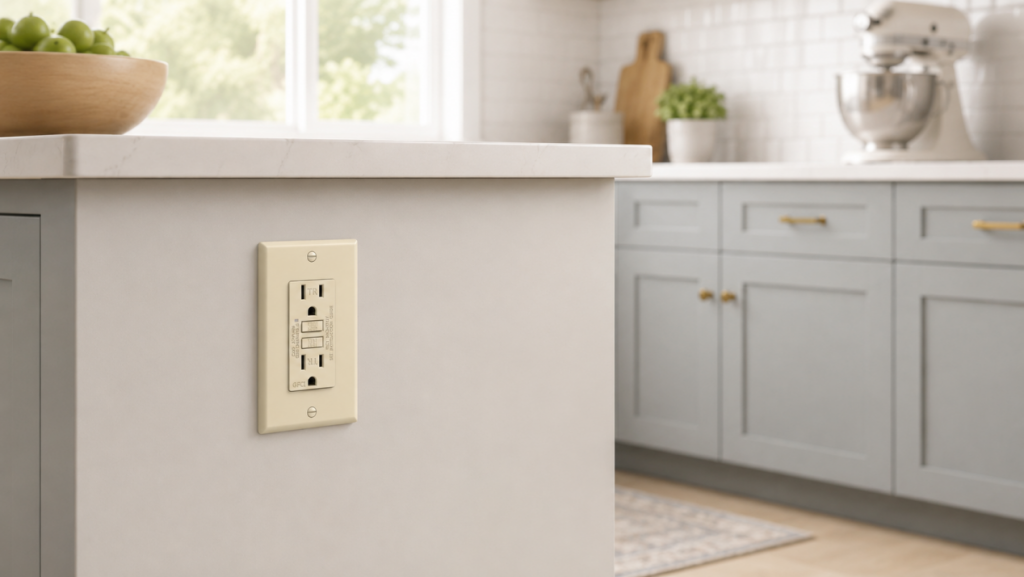 GFCI outlet installed on kitchen island for safe countertop power access