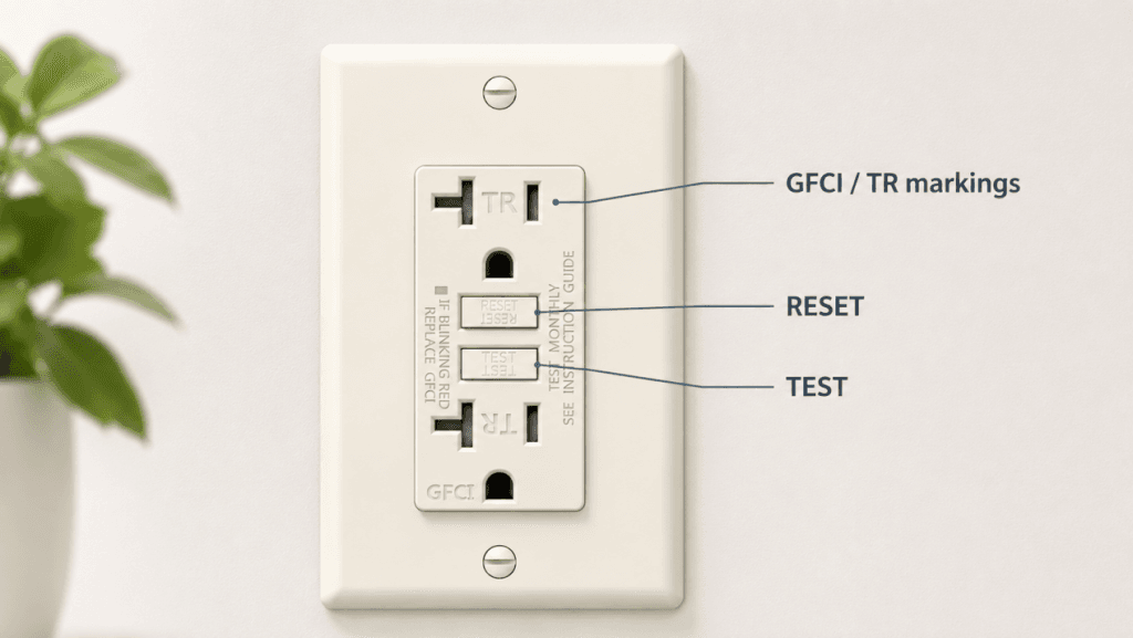 GFCI outlet with labeled TEST and RESET buttons, GFCI markings, and TR markings on a wall plate