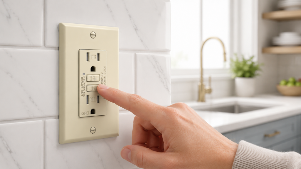 Testing a kitchen GFCI outlet with the TEST and RESET buttons