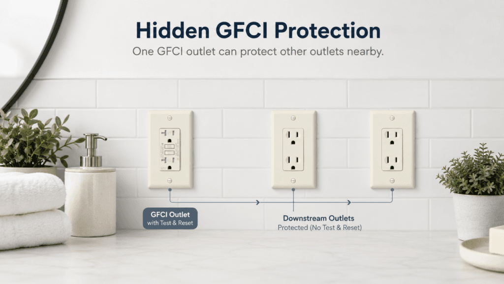 One GFCI outlet protecting downstream standard outlets without TEST and RESET buttons