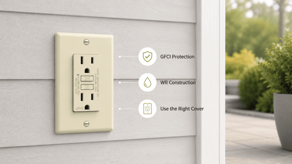 Outdoor GFCI outlet with GFCI protection, WR construction, and right cover selection guide