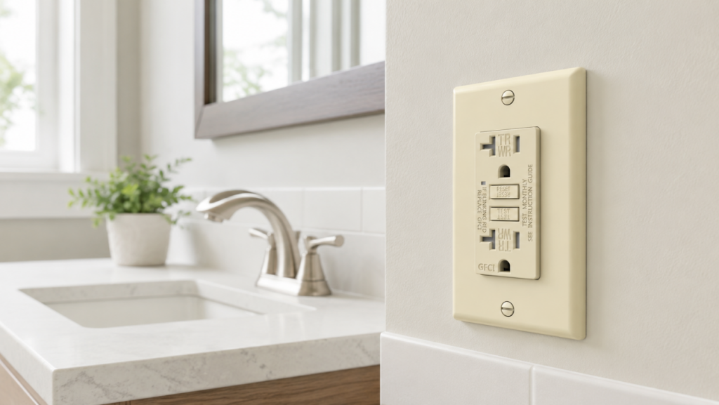 GFCI outlet installed near bathroom sink for older home electrical safety upgrade