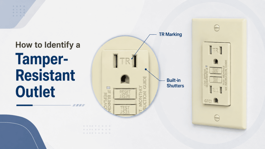 How to identify a tamper-resistant outlet by checking the TR marking and built-in shutters