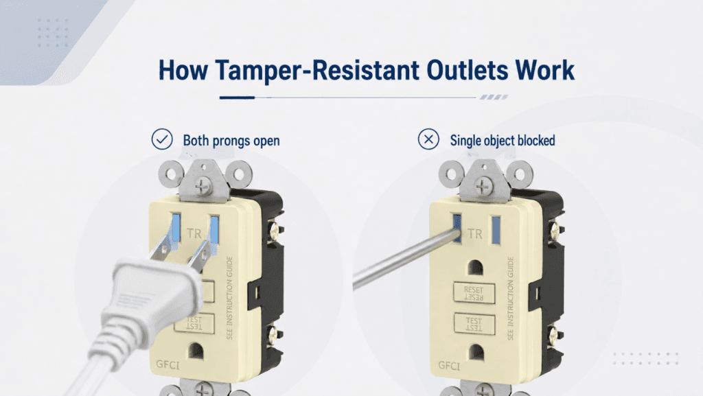 Tamper-resistant outlet shutter mechanism showing both prongs opening while a single object is blocked