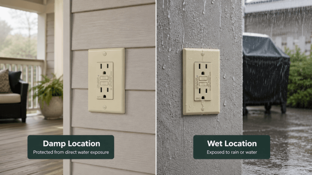 Damp location vs wet location comparison for outdoor GFCI outlet installation