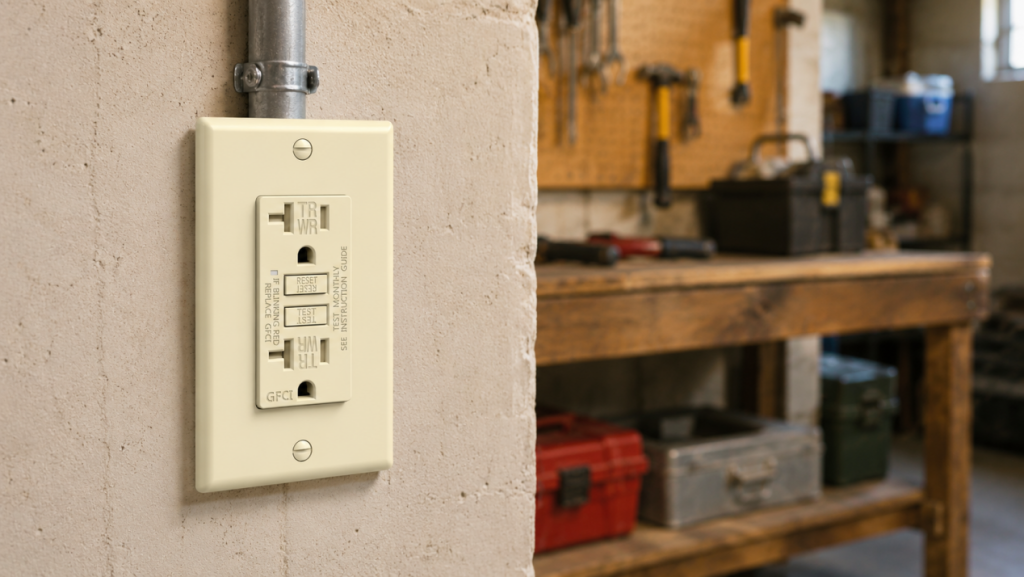 GFCI outlet installed in older home garage workshop for ground fault protection