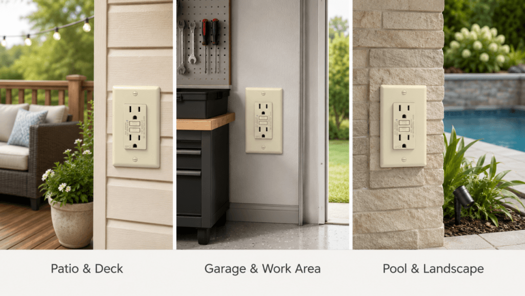 Outdoor GFCI outlet applications for patio, garage work area, pool, and landscape use