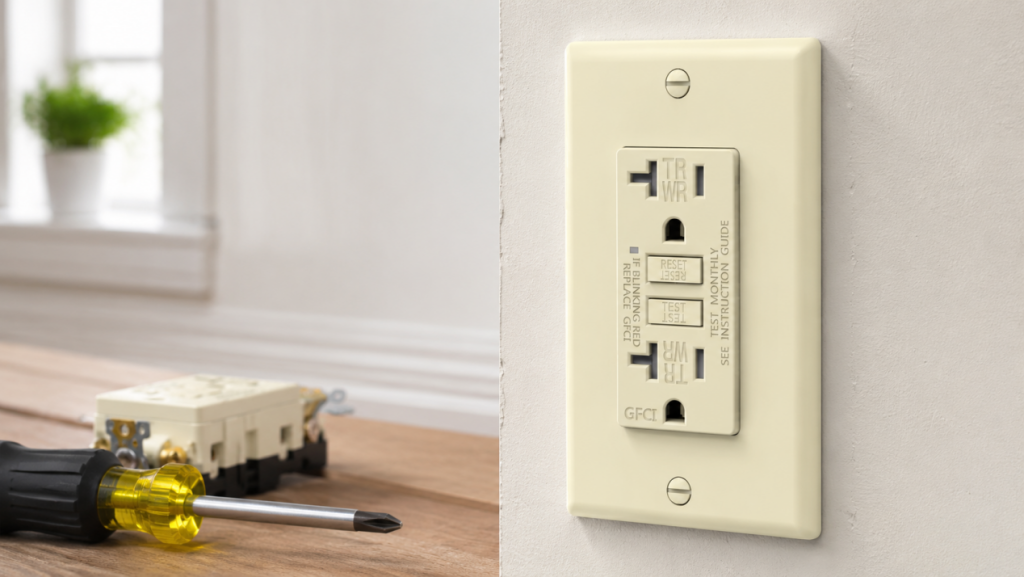 GFCI outlet replacement scene with screwdriver for older home electrical upgrade
