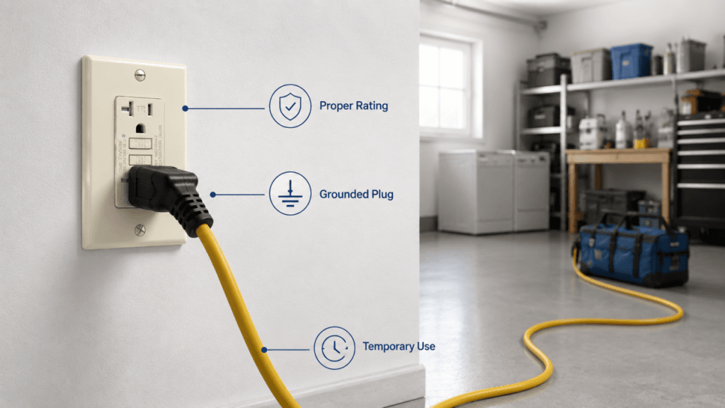 GFCI outlet with grounded extension cord showing proper rating and temporary use