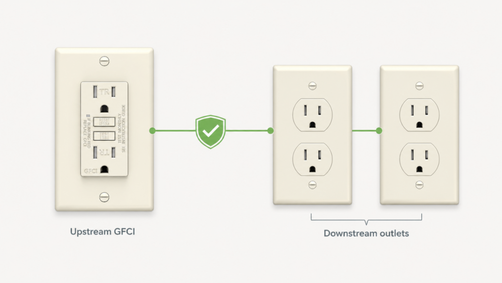 Upstream GFCI outlet protecting downstream standard receptacles on the same circuit