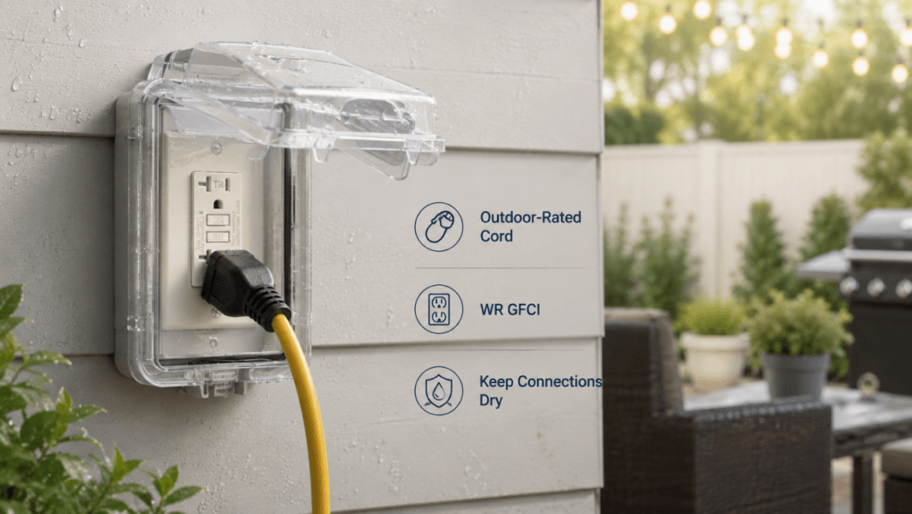 Outdoor GFCI outlet with in-use cover and outdoor-rated extension cord