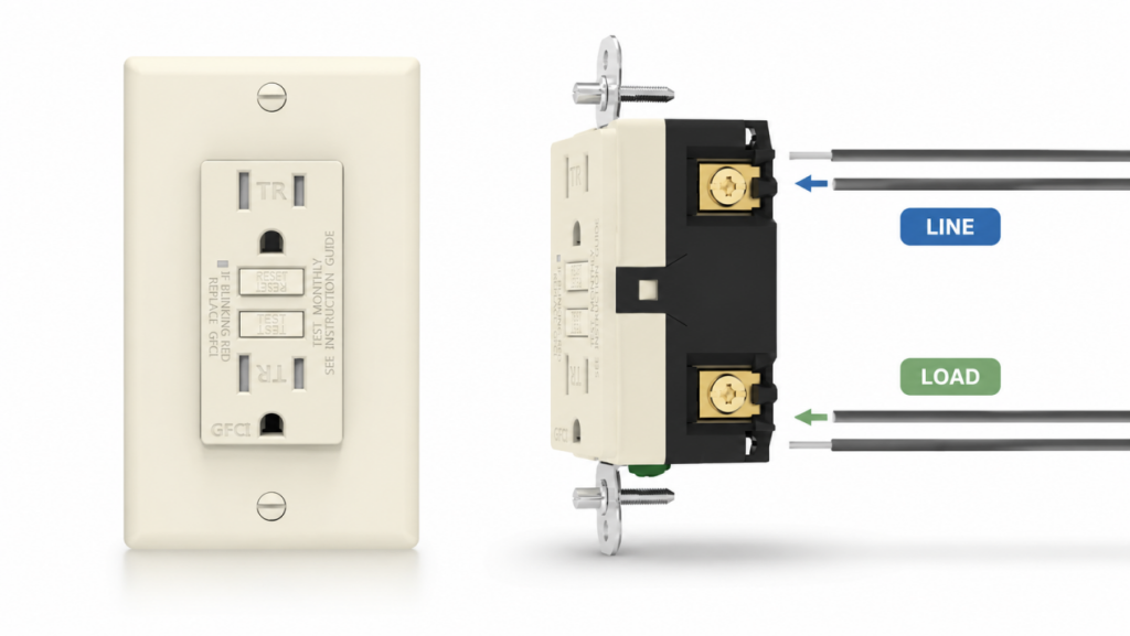 GFCI outlet LINE and LOAD terminals wiring diagram