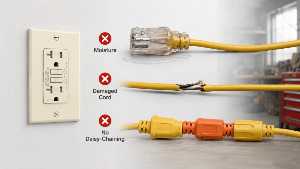 GFCI outlet safety warning showing moisture, damaged cord, and daisy-chained extension cords