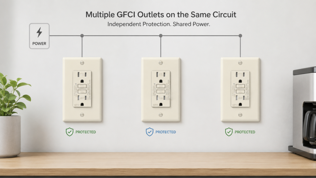 Multiple GFCI outlets wired independently on the same circuit for local protection
