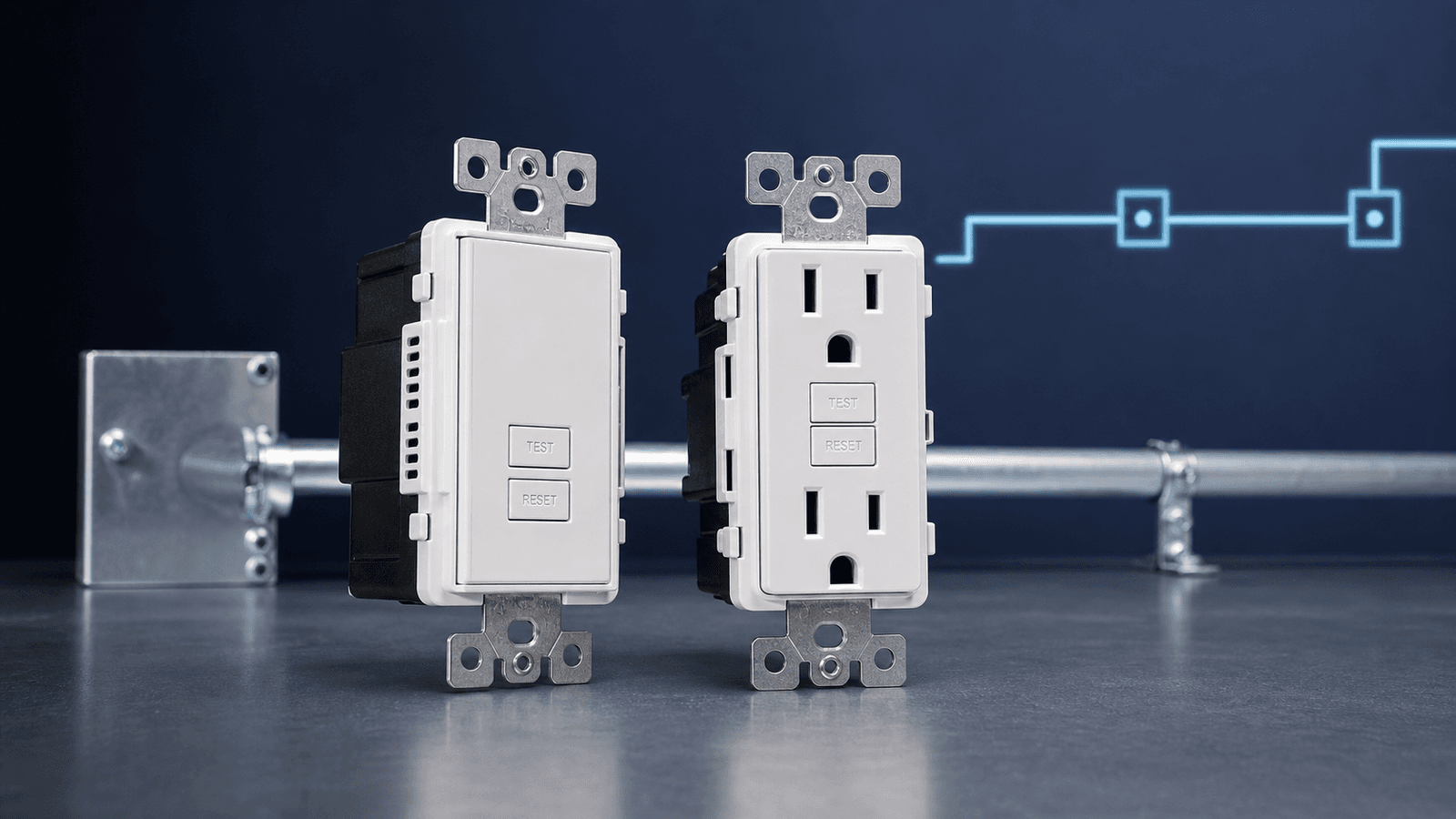 Blank-Face GFCI Compared With a Duplex GFCI Receptacle Blank-face GFCI beside a conventional duplex GFCI receptacle