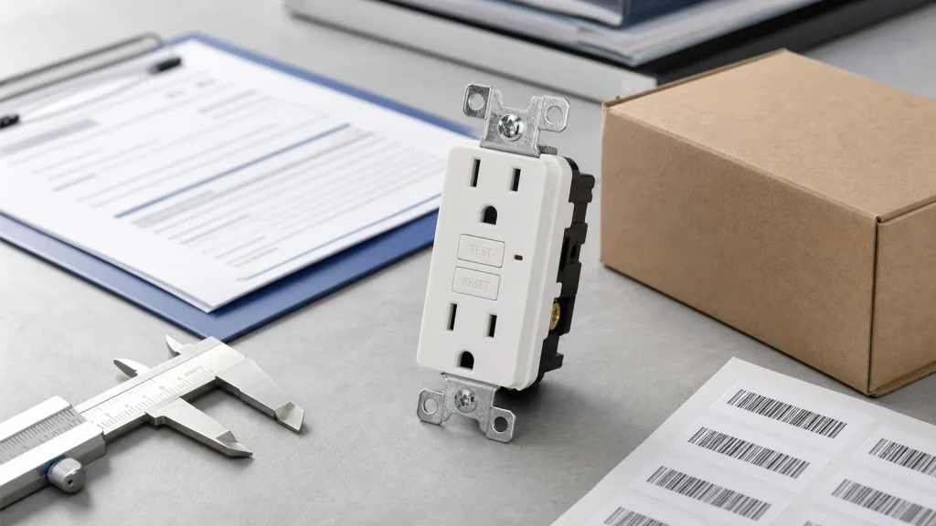 Private-label GFCI outlet sample with packaging, barcode labels, specification sheet, and inspection caliper