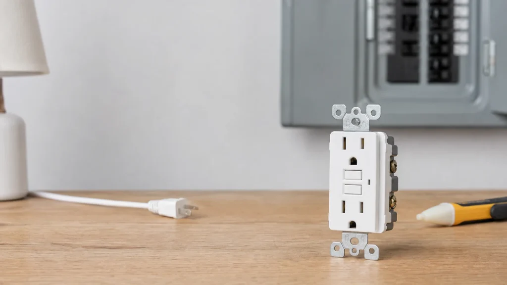GFCI outlet troubleshooting setup with receptacle, tester, and breaker panel