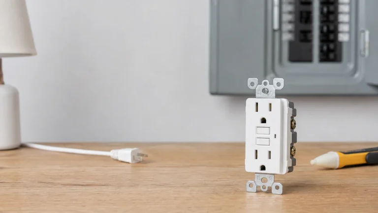 GFCI outlet troubleshooting setup with receptacle, tester, and breaker panel