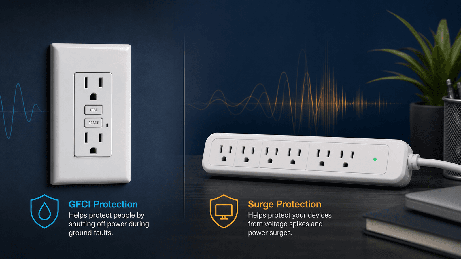 GFCI receptacle compared with a surge-protector power strip