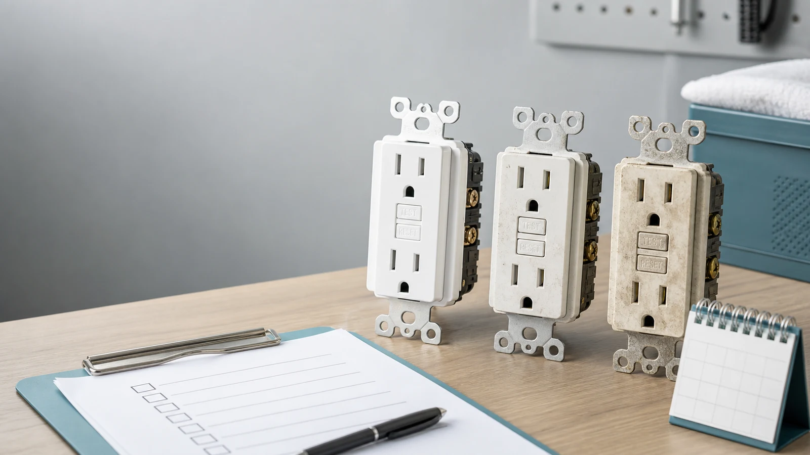 Three GFCI outlets illustrating new, aging, and replacement-condition devices