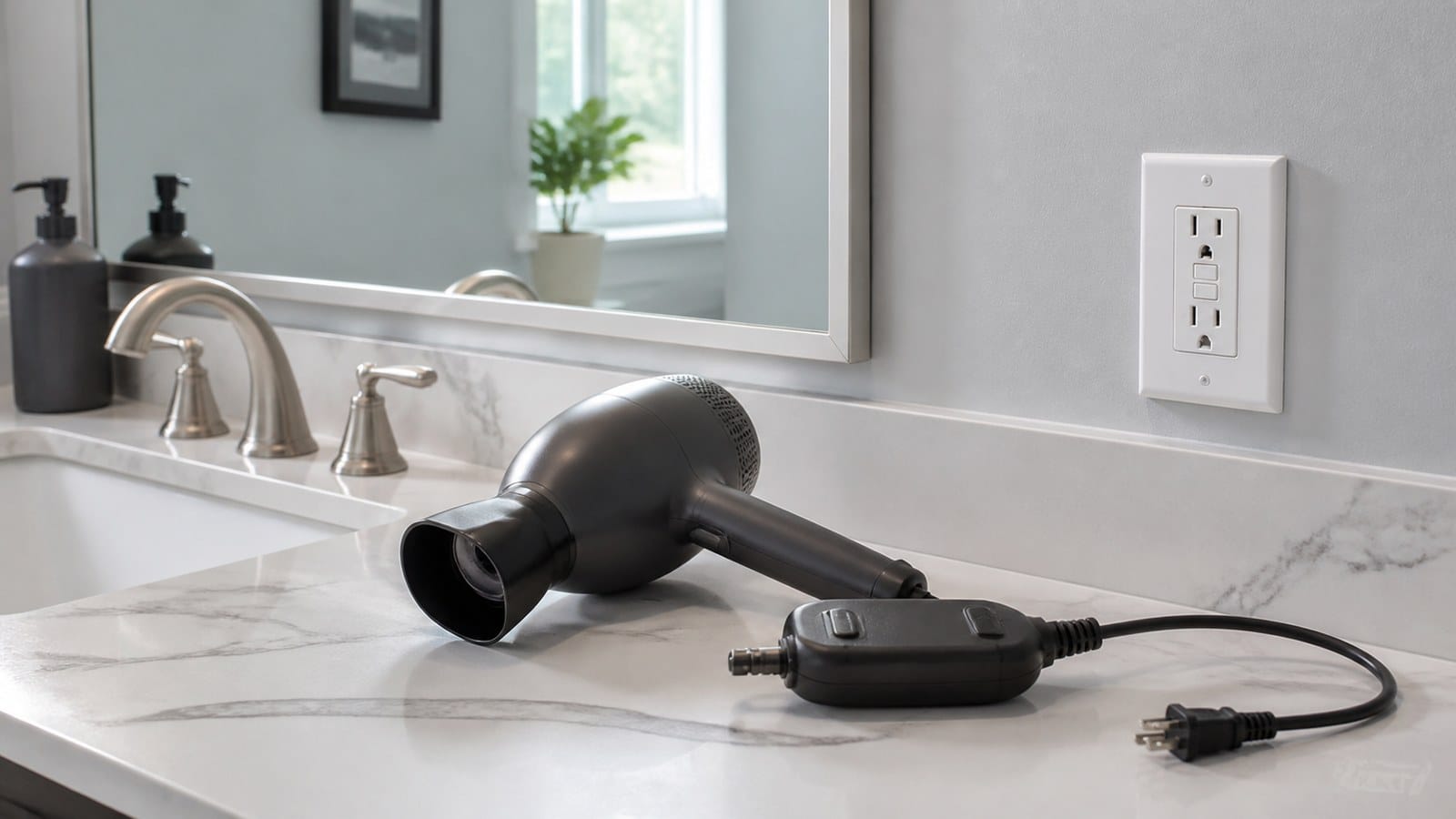 Hair dryer with an ALCI test and reset plug used at a bathroom vanity