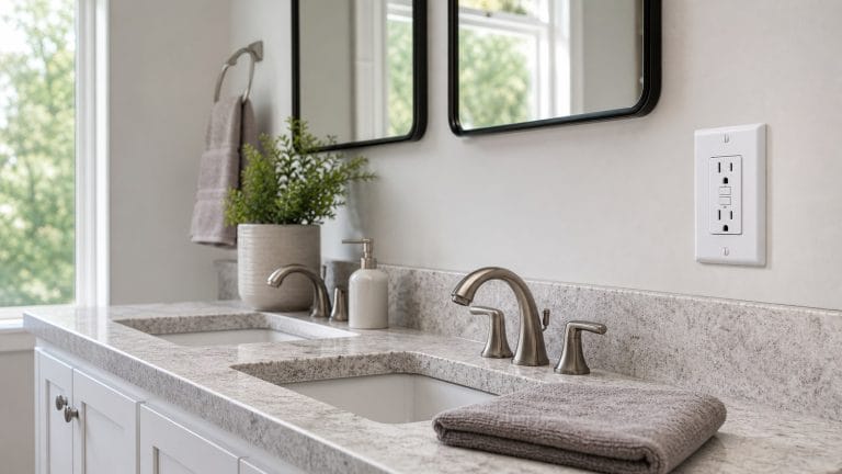 White self-test GFCI receptacle installed beside a double-sink bathroom vanity