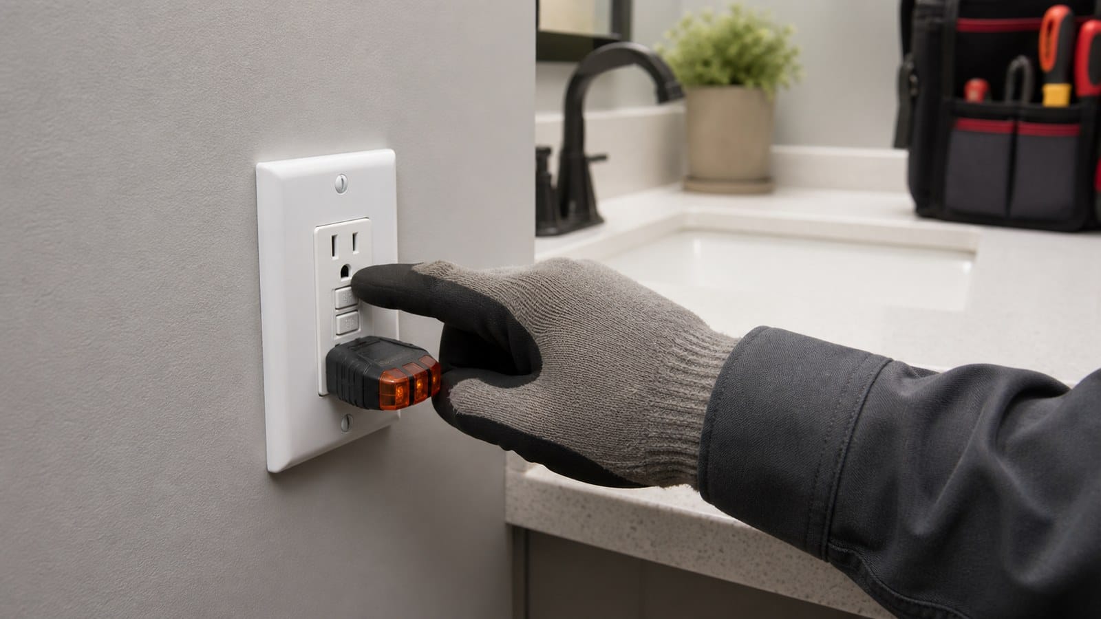 Electrician testing a bathroom GFCI receptacle beside a dry vanity countertop