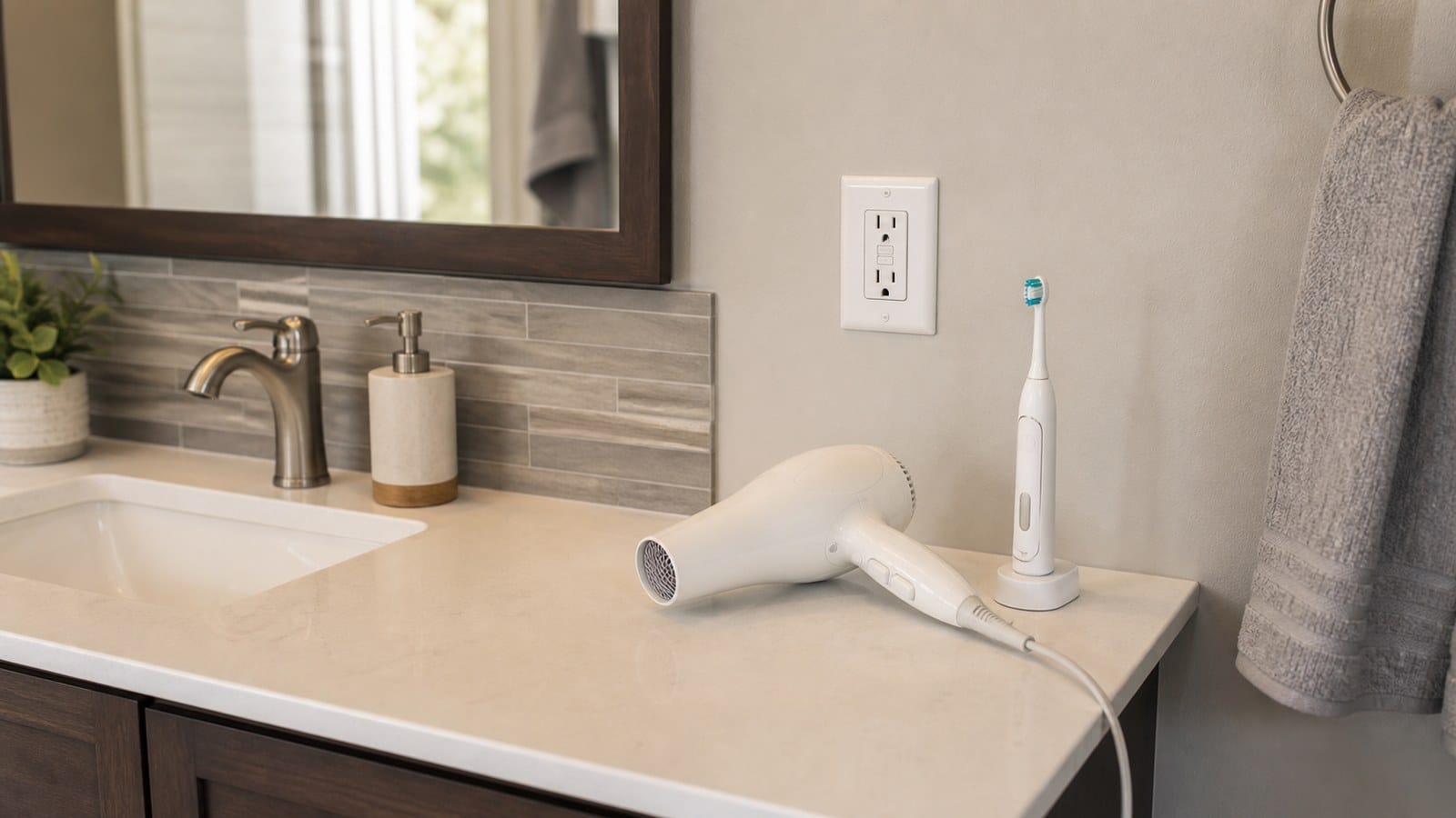 Bathroom vanity with a GFCI receptacle, hair dryer, and electric toothbrush kept away from the sink