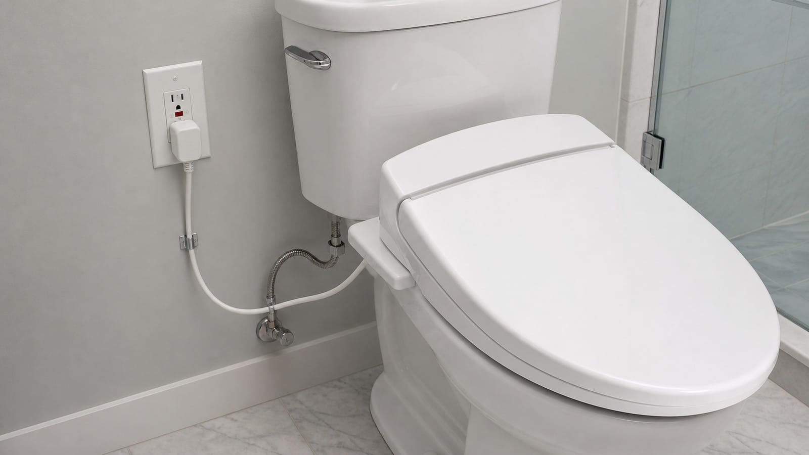 Electric bidet seat connected to a grounded GFCI receptacle positioned beside the toilet