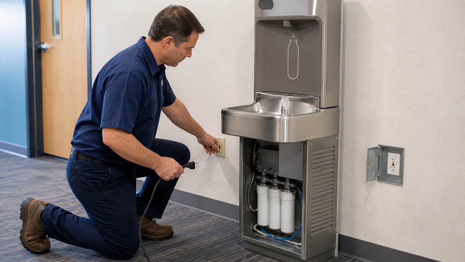 Facility technician inspecting an unplugged bottle filler and dry accessible GFCI reset point