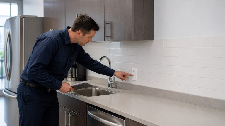 Facility electrician inspecting a GFCI receptacle beside a sink in a commercial employee breakroom