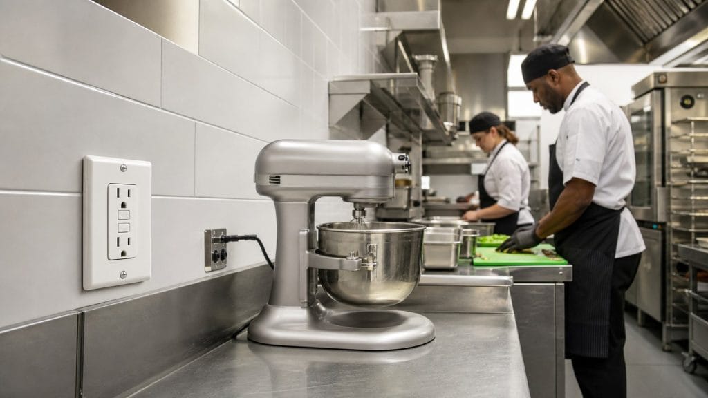Commercial kitchen staff working beside an accessible GFCI receptacle and food preparation equipment