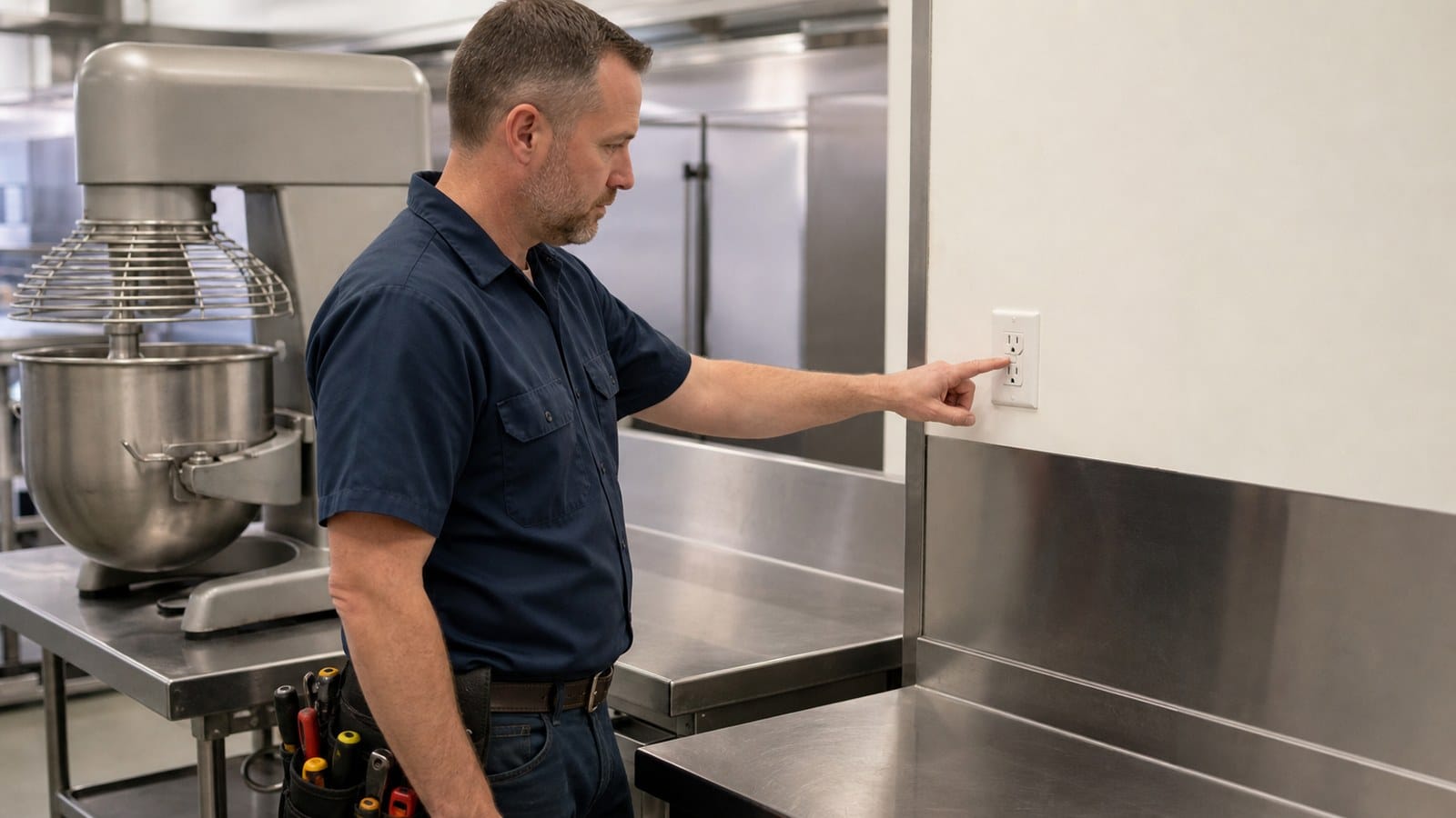 Electrician testing an accessible GFCI receptacle beside stainless commercial kitchen equipment
