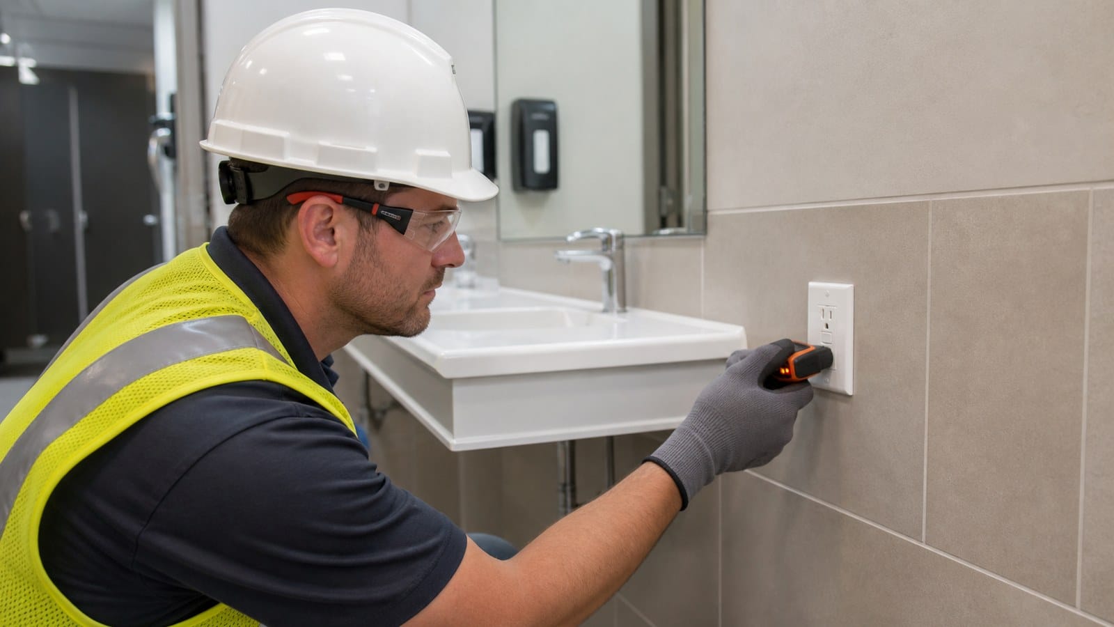 Electrician inspecting a GFCI receptacle in a commercial restroom vanity area