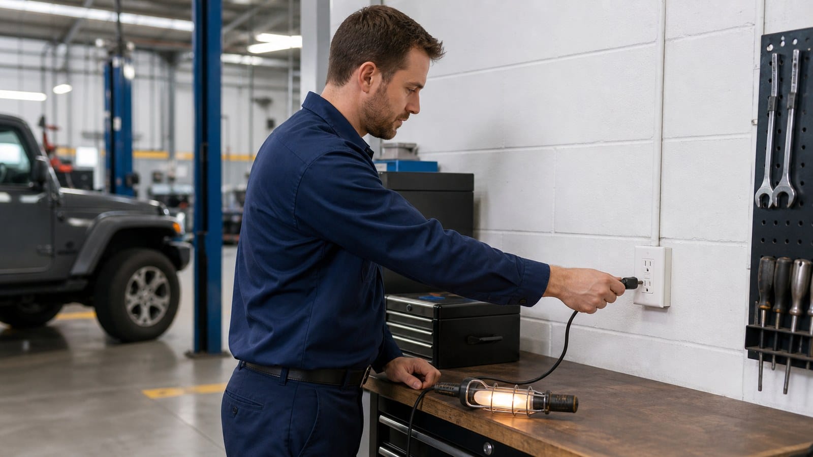 Technician using a GFCI-protected receptacle in a commercial vehicle service bay