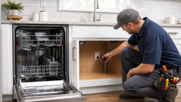 Electrician checking the GFCI-protected connection for a built-in dishwasher in a residential kitchen