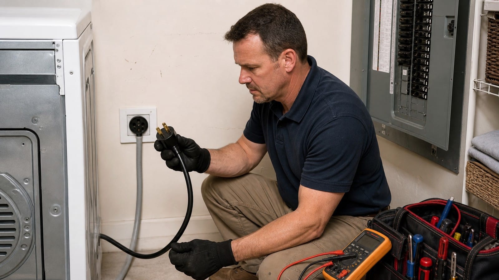 Qualified technician inspecting an unplugged dryer cord, receptacle, and accessible electrical panel